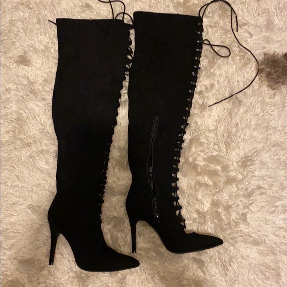 Thigh high lace up black high heels boots
